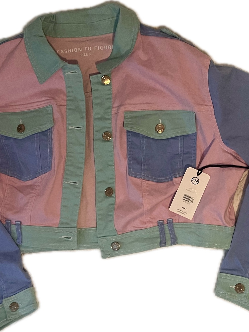 Fashion to Figure Pastel Colorblock Cropped Jean Jacket - Pink, Mint & Blue